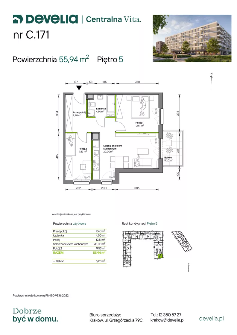 3 pokoje, mieszkanie 55,94 m², piętro 5, oferta nr C.171, Centralna Vita etap IV, Kraków, Czyżyny, ul. Ciesielskiego