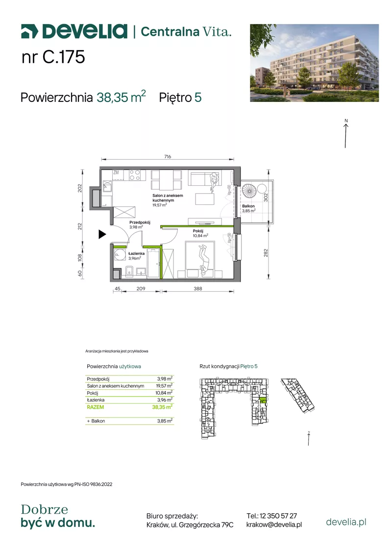 2 pokoje, mieszkanie 38,35 m², piętro 5, oferta nr C.175, Centralna Vita etap IV, Kraków, Czyżyny, ul. Ciesielskiego