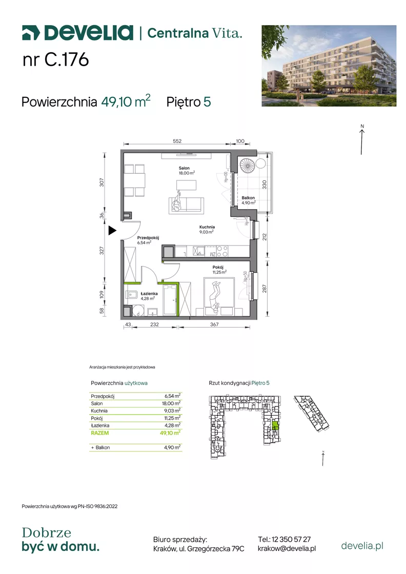 2 pokoje, mieszkanie 49,10 m², piętro 5, oferta nr C.176, Centralna Vita etap IV, Kraków, Czyżyny, ul. Ciesielskiego