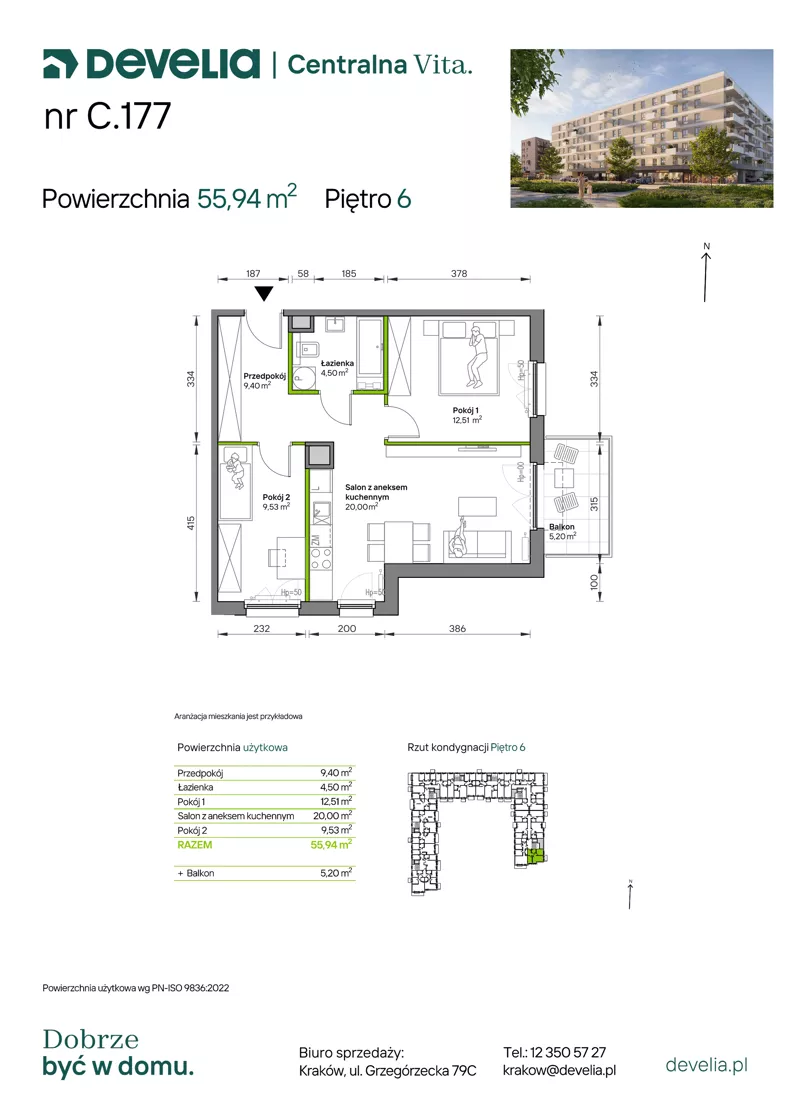 3 pokoje, mieszkanie 55,94 m², piętro 6, oferta nr C.177, Centralna Vita etap IV, Kraków, Czyżyny, ul. Ciesielskiego
