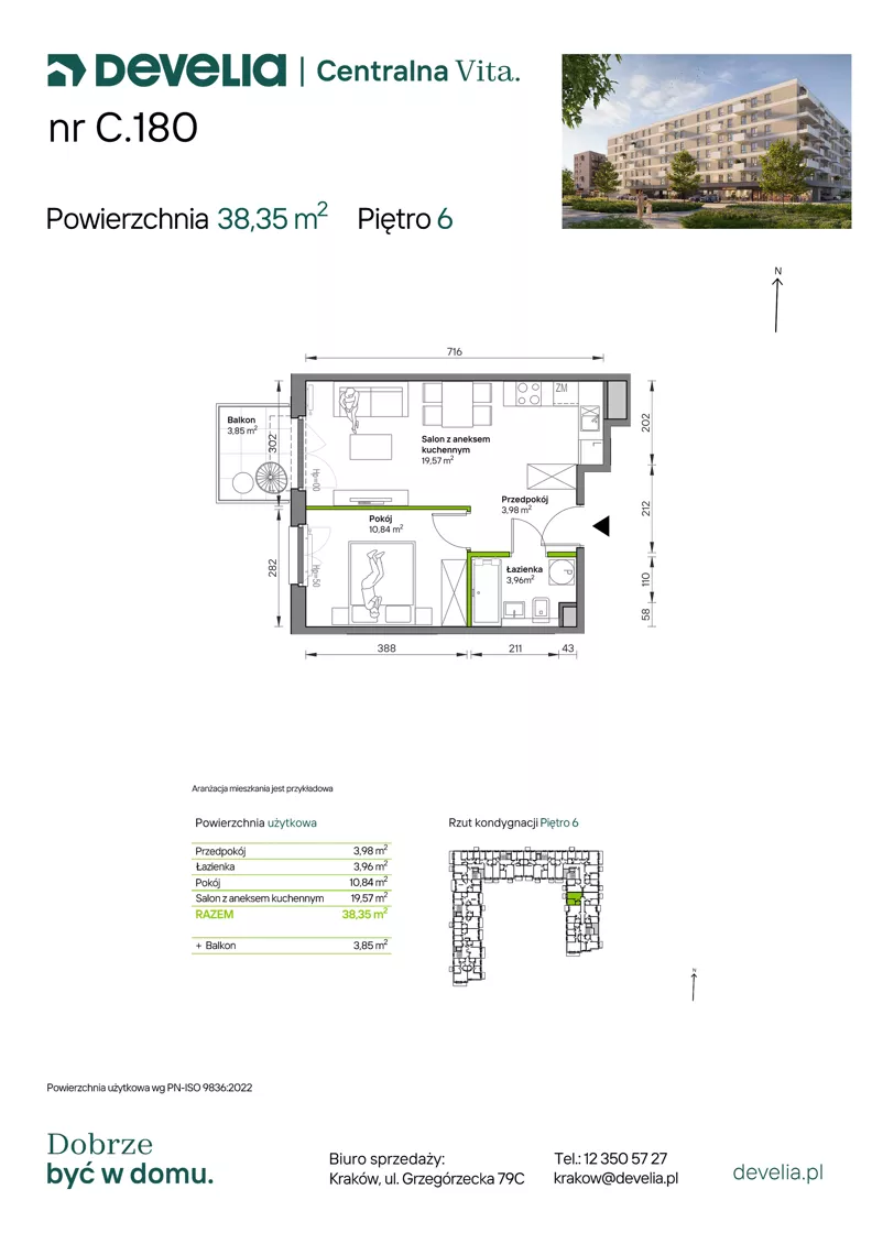 2 pokoje, mieszkanie 38,35 m², piętro 6, oferta nr C.180, Centralna Vita etap IV, Kraków, Czyżyny, ul. Ciesielskiego