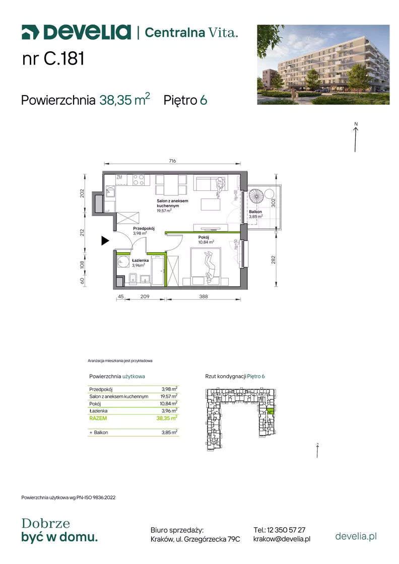 2 pokoje, mieszkanie 38,35 m², piętro 6, oferta nr C.181, Centralna Vita etap IV, Kraków, Czyżyny, ul. Ciesielskiego