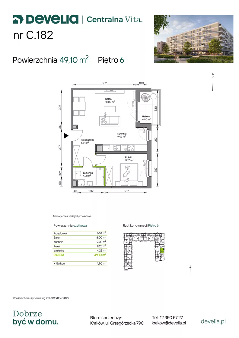2 pokoje, mieszkanie 49,10 m², piętro 6, oferta nr C.182, Centralna Vita etap IV, Kraków, Czyżyny, ul. Ciesielskiego