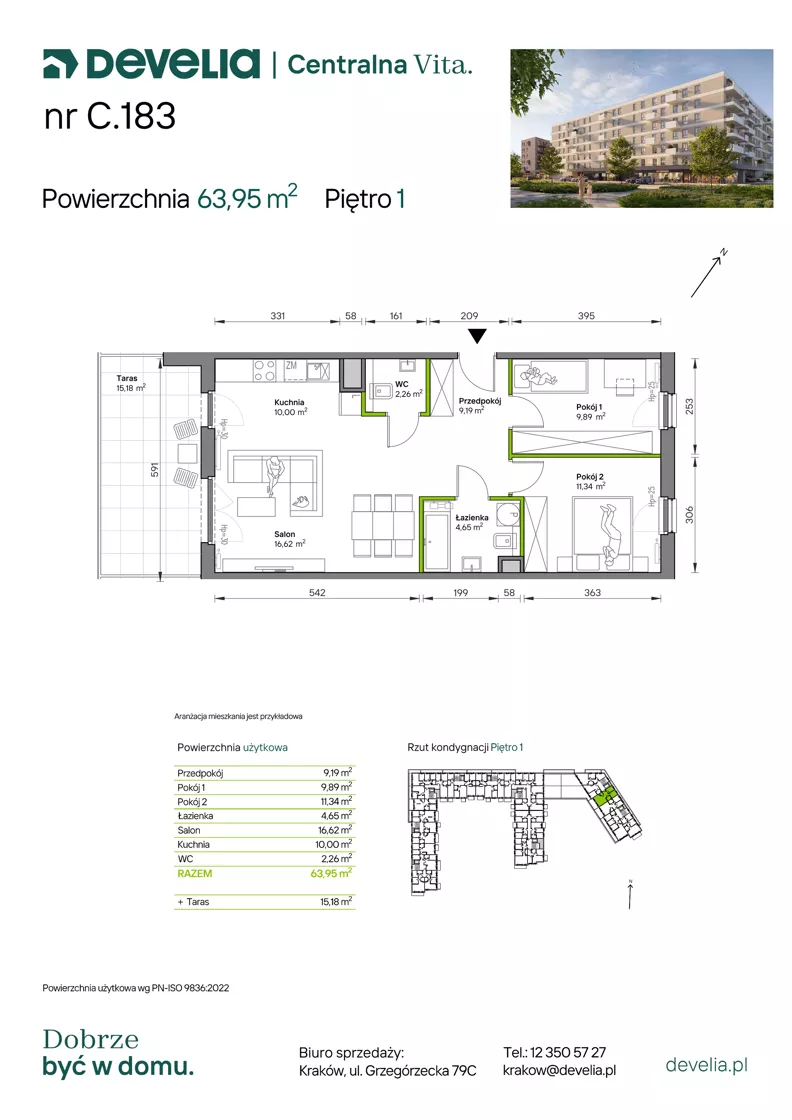 3 pokoje, mieszkanie 63,95 m², piętro 1, oferta nr C.183, Centralna Vita etap IV, Kraków, Czyżyny, ul. Ciesielskiego
