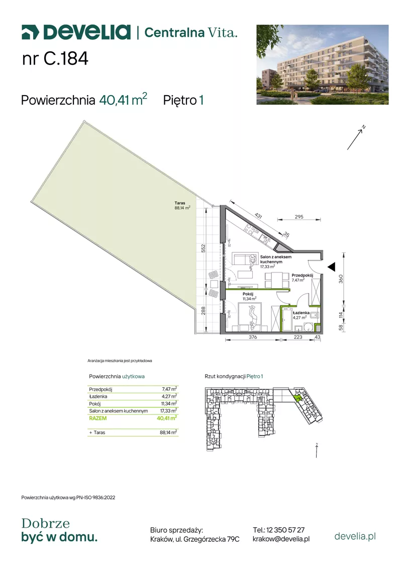 2 pokoje, mieszkanie 40,41 m², piętro 1, oferta nr C.184, Centralna Vita etap IV, Kraków, Czyżyny, ul. Ciesielskiego