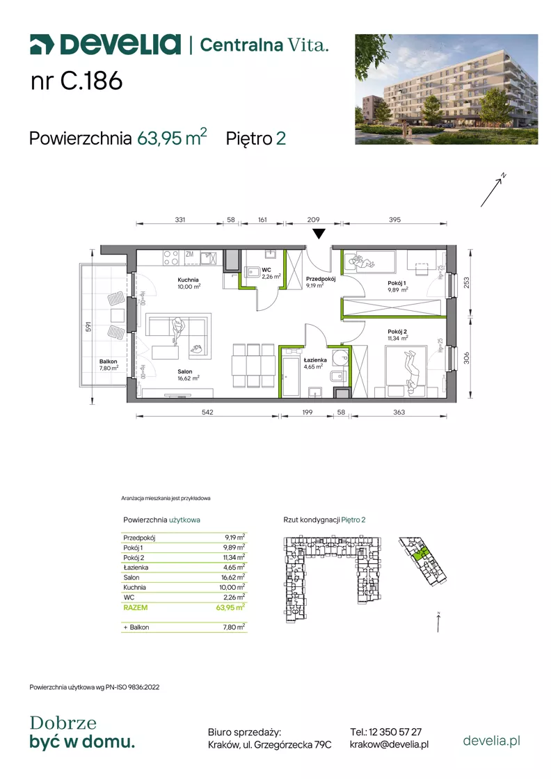 3 pokoje, mieszkanie 63,95 m², piętro 2, oferta nr C.186, Centralna Vita etap IV, Kraków, Czyżyny, ul. Ciesielskiego