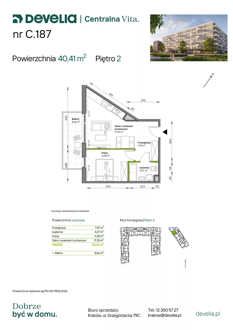 2 pokoje, mieszkanie 40,41 m², piętro 2, oferta nr C.187, Centralna Vita etap IV, Kraków, Czyżyny, ul. Ciesielskiego