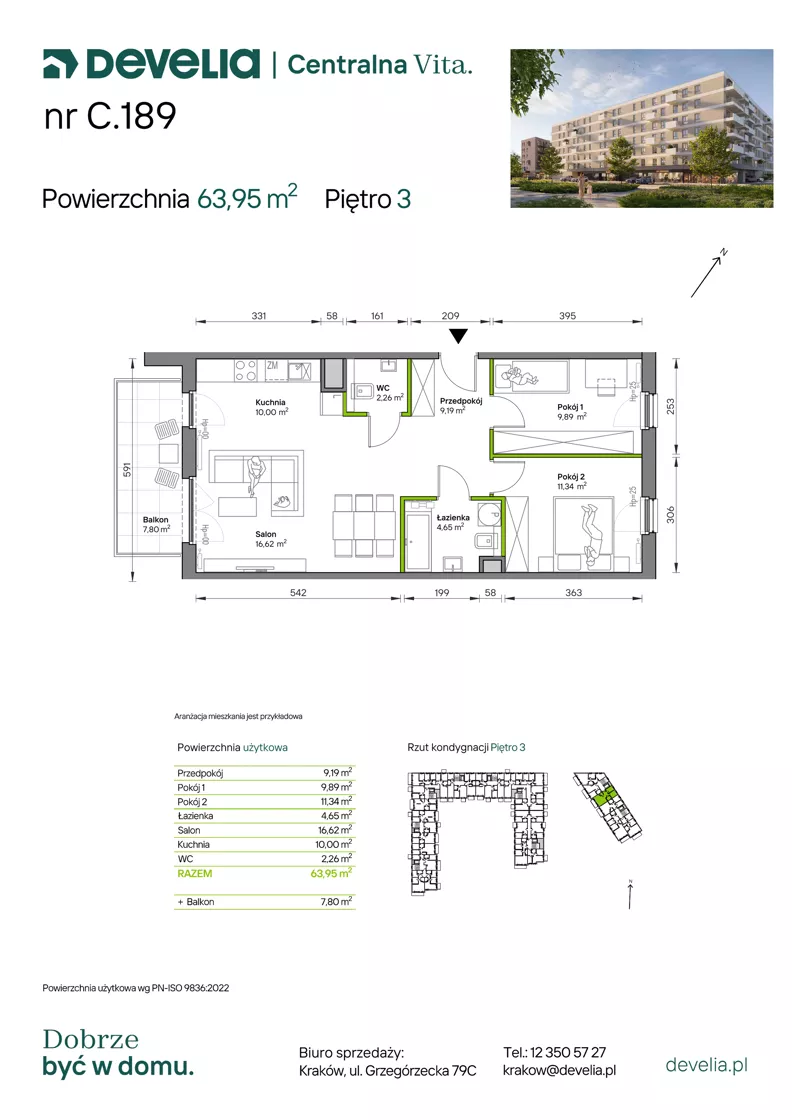 3 pokoje, mieszkanie 63,95 m², piętro 3, oferta nr C.189, Centralna Vita etap IV, Kraków, Czyżyny, ul. Ciesielskiego