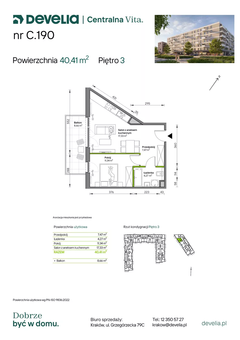 2 pokoje, mieszkanie 40,41 m², piętro 3, oferta nr C.190, Centralna Vita etap IV, Kraków, Czyżyny, ul. Ciesielskiego