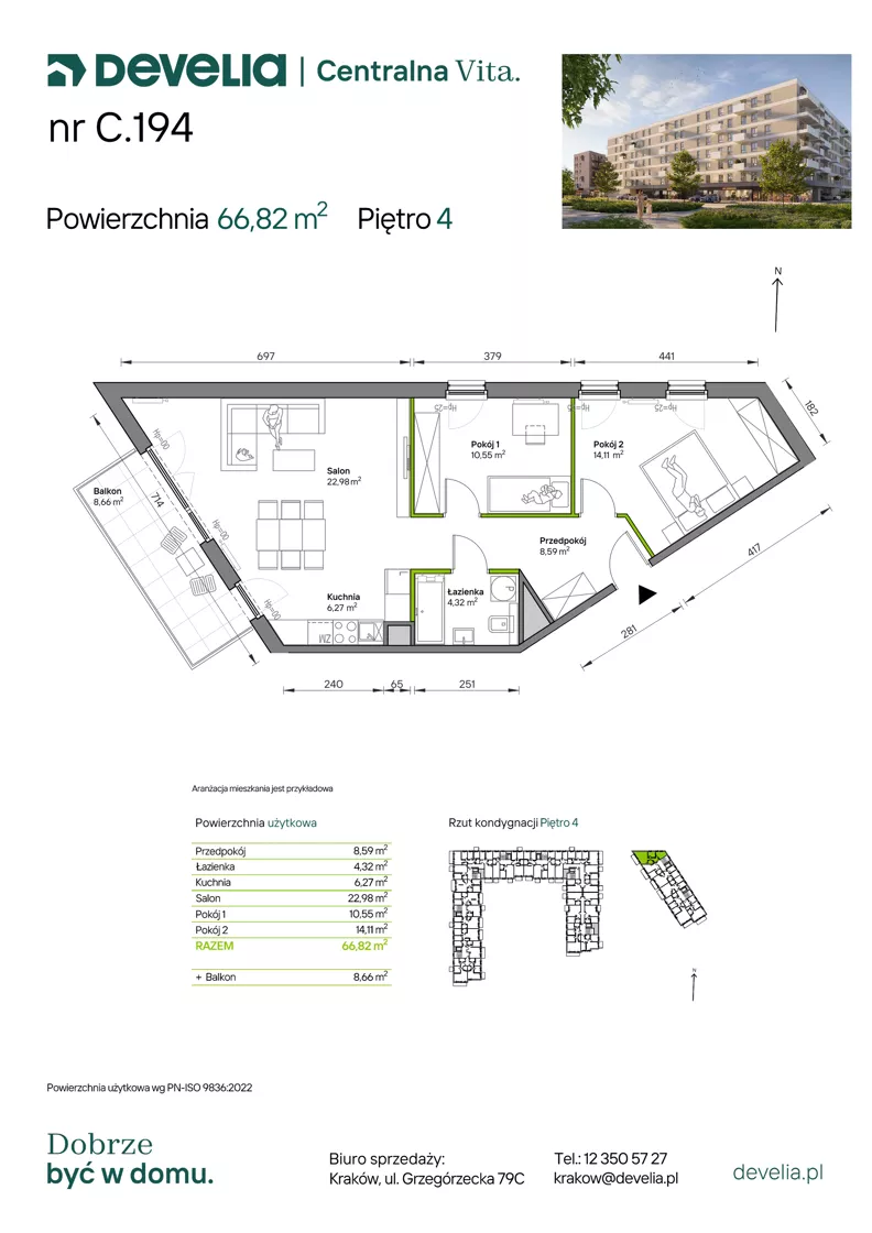 3 pokoje, mieszkanie 66,82 m², piętro 4, oferta nr C.194, Centralna Vita etap IV, Kraków, Czyżyny, ul. Ciesielskiego