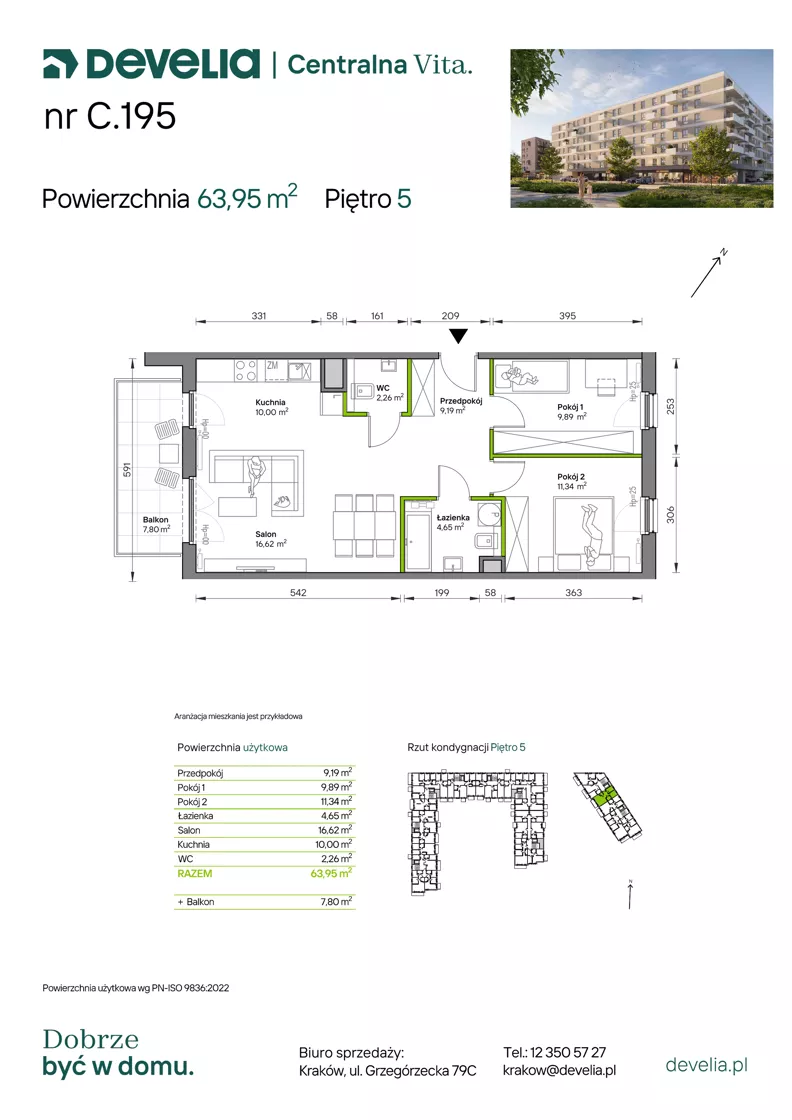 3 pokoje, mieszkanie 63,95 m², piętro 5, oferta nr C.195, Centralna Vita etap IV, Kraków, Czyżyny, ul. Ciesielskiego