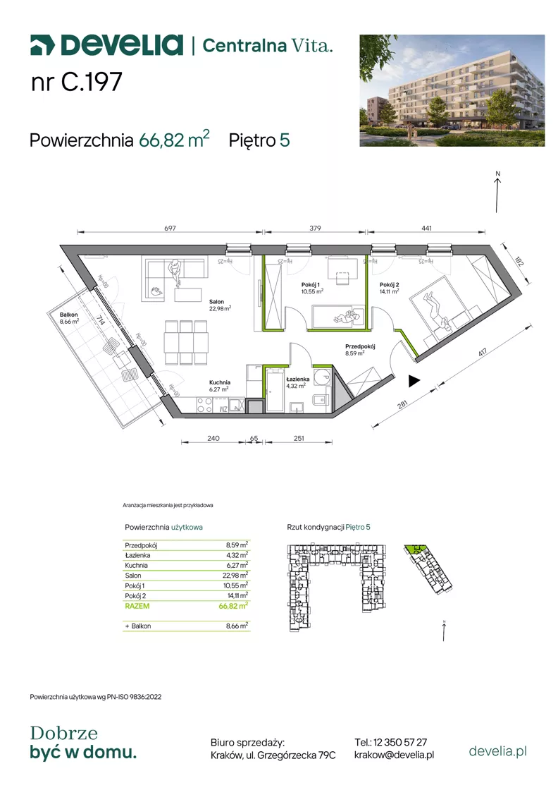 3 pokoje, mieszkanie 66,82 m², piętro 5, oferta nr C.197, Centralna Vita etap IV, Kraków, Czyżyny, ul. Ciesielskiego