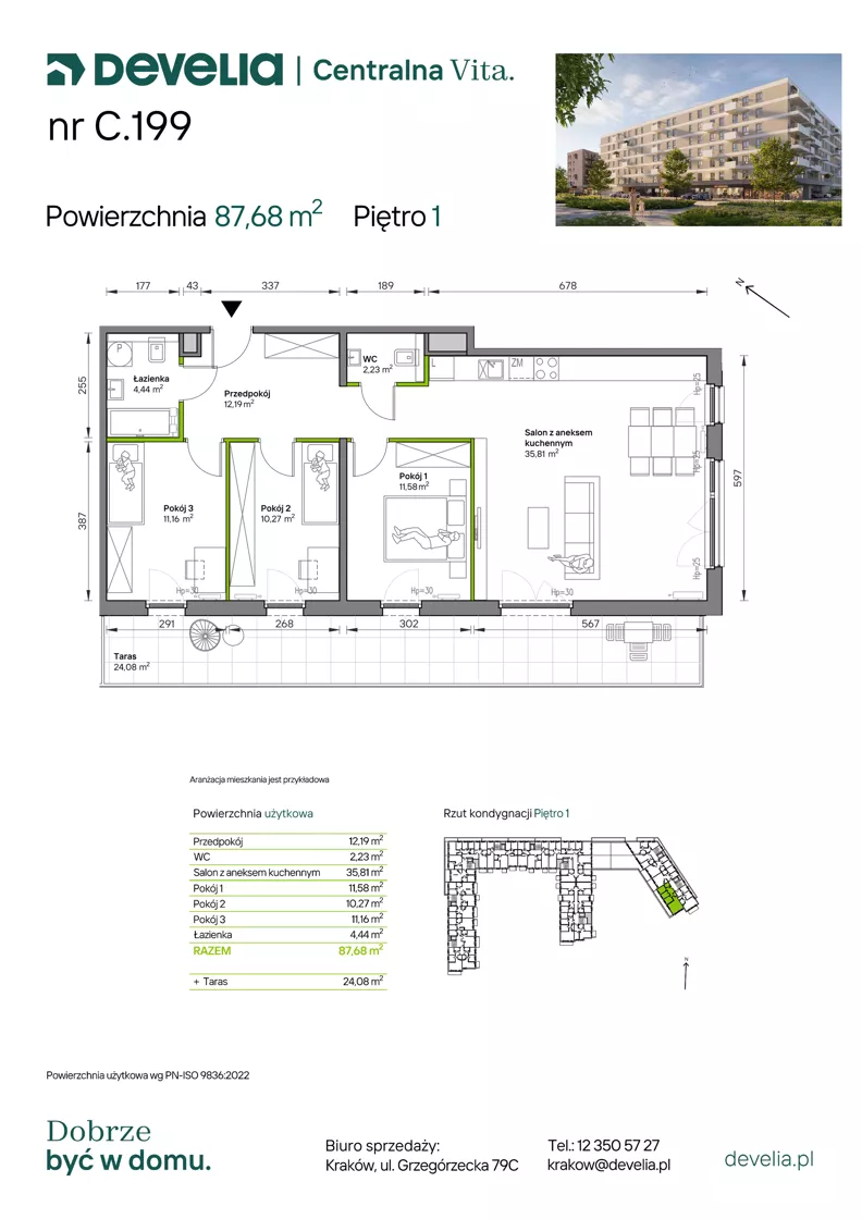 4 pokoje, mieszkanie 87,68 m², piętro 1, oferta nr C.199, Centralna Vita etap IV, Kraków, Czyżyny, ul. Ciesielskiego