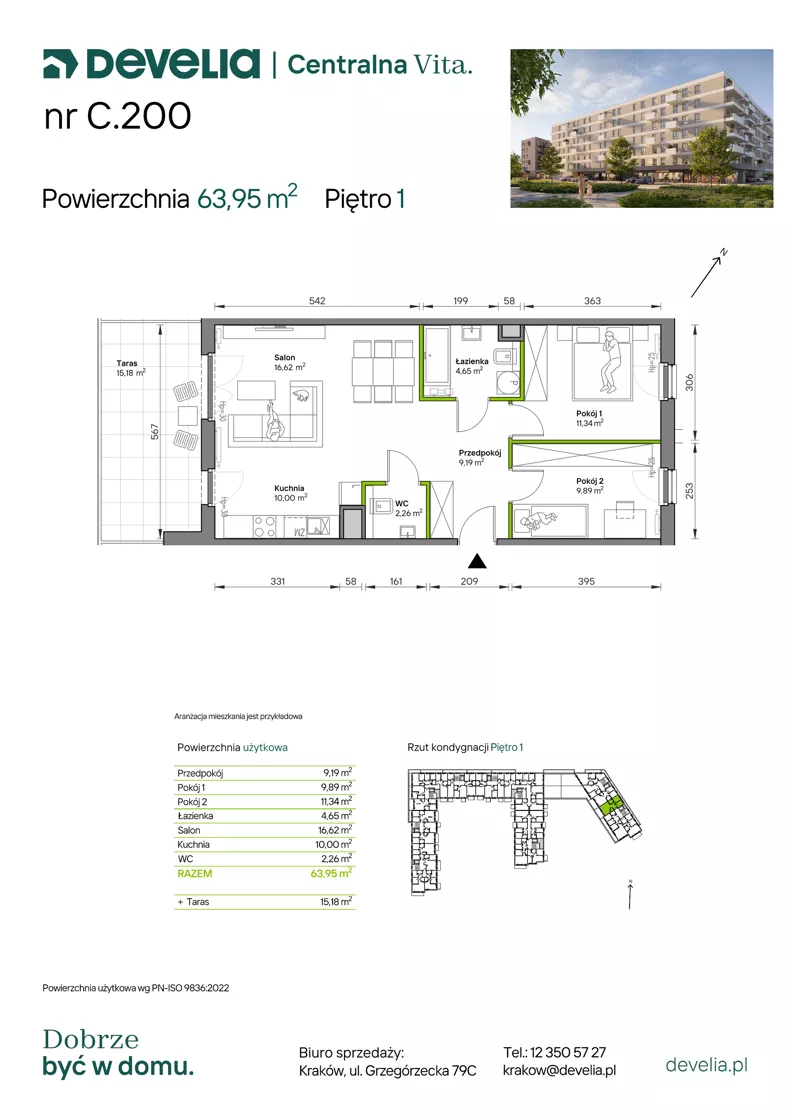 3 pokoje, mieszkanie 63,95 m², piętro 1, oferta nr C.200, Centralna Vita etap IV, Kraków, Czyżyny, ul. Ciesielskiego