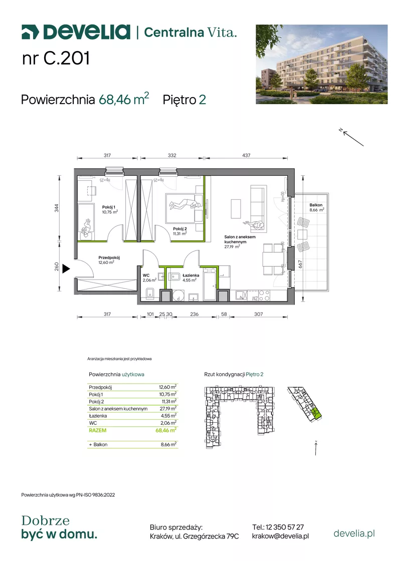 3 pokoje, mieszkanie 68,46 m², piętro 2, oferta nr C.201, Centralna Vita etap IV, Kraków, Czyżyny, ul. Ciesielskiego