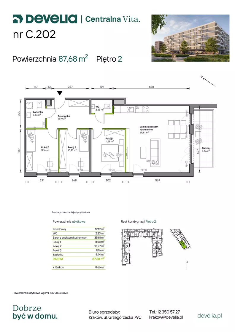 4 pokoje, mieszkanie 87,68 m², piętro 2, oferta nr C.202, Centralna Vita etap IV, Kraków, Czyżyny, ul. Ciesielskiego