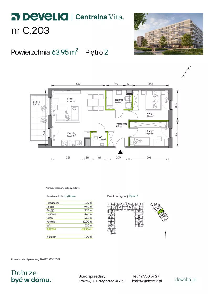 3 pokoje, mieszkanie 63,95 m², piętro 2, oferta nr C.203, Centralna Vita etap IV, Kraków, Czyżyny, ul. Ciesielskiego