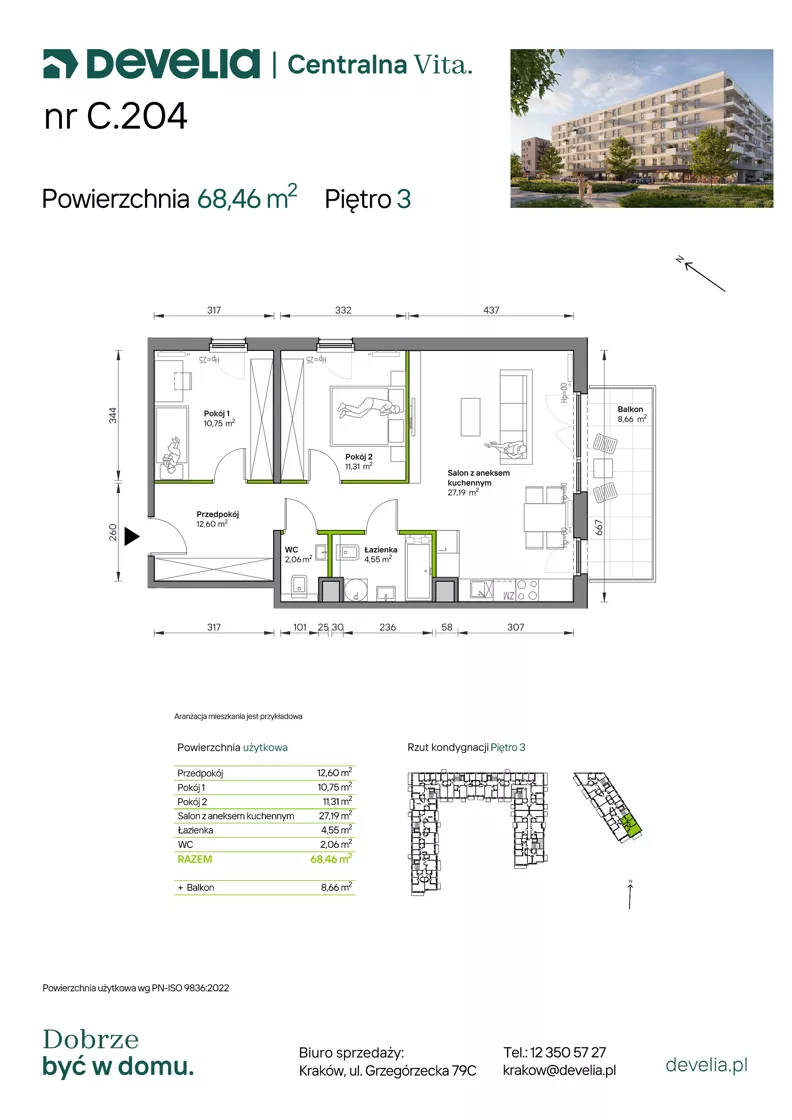 3 pokoje, mieszkanie 68,46 m², piętro 3, oferta nr C.204, Centralna Vita etap IV, Kraków, Czyżyny, ul. Ciesielskiego