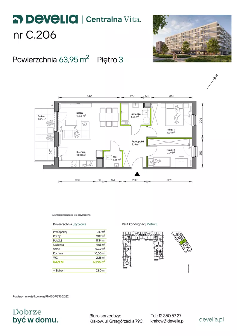 3 pokoje, mieszkanie 63,95 m², piętro 3, oferta nr C.206, Centralna Vita etap IV, Kraków, Czyżyny, ul. Ciesielskiego