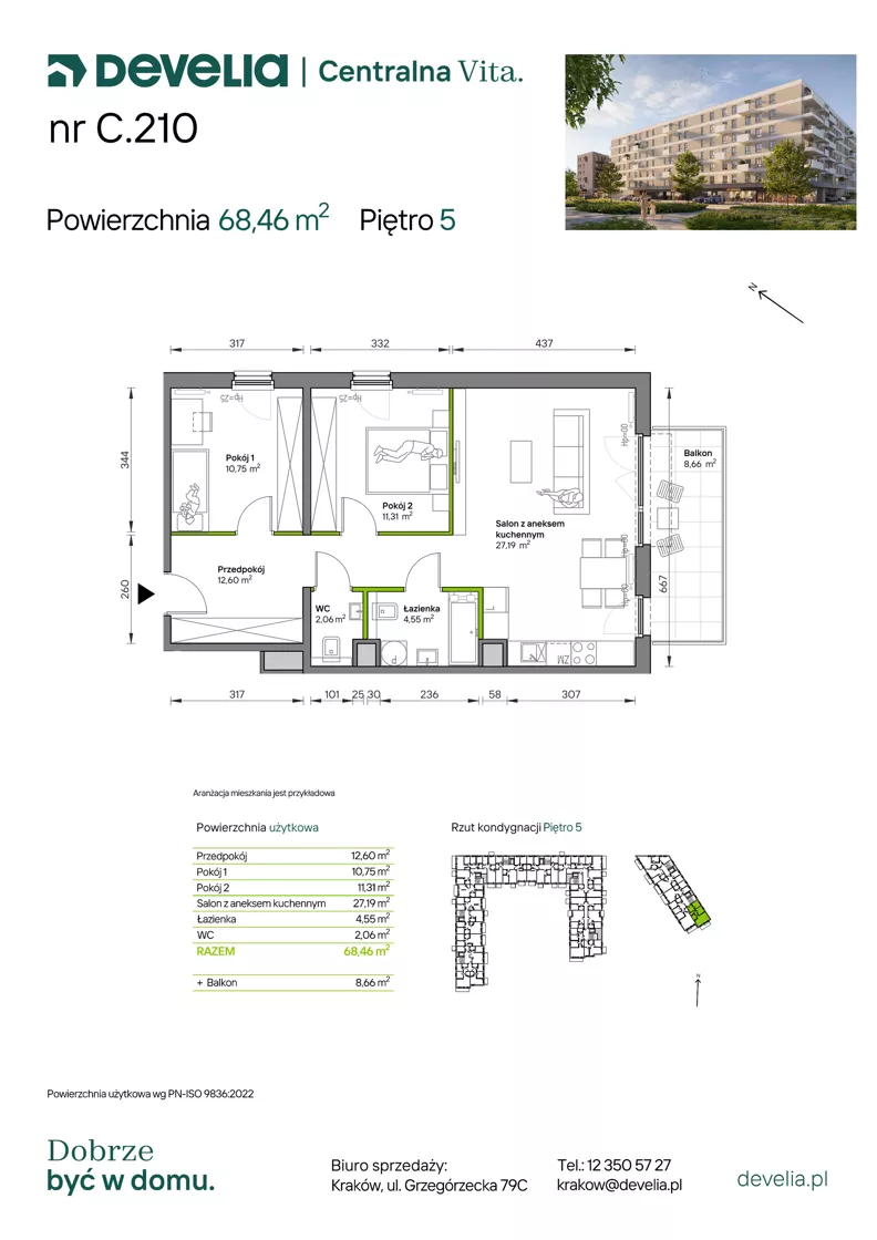 3 pokoje, mieszkanie 68,46 m², piętro 5, oferta nr C.210, Centralna Vita etap IV, Kraków, Czyżyny, ul. Ciesielskiego