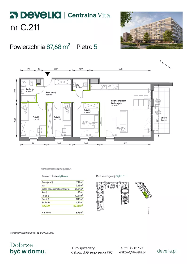 4 pokoje, mieszkanie 87,68 m², piętro 5, oferta nr C.211, Centralna Vita etap IV, Kraków, Czyżyny, ul. Ciesielskiego