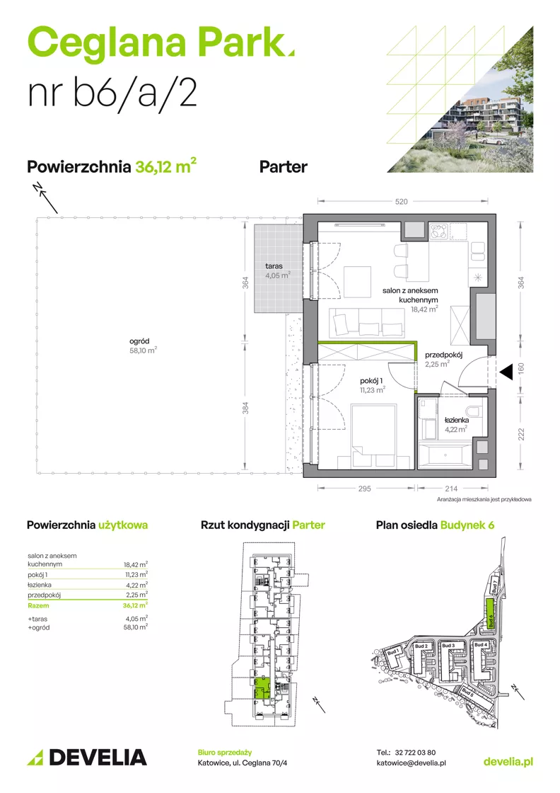 2 pokoje, mieszkanie 36,12 m², parter, oferta nr B6/A/02, Ceglana Park IX, Katowice, Brynów-Osiedle Zgrzebnioka, Brynów, ul. Ceglana