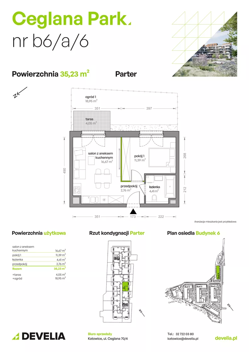 2 pokoje, mieszkanie 35,23 m², parter, oferta nr B6/A/06, Ceglana Park IX, Katowice, Brynów-Osiedle Zgrzebnioka, Brynów, ul. Ceglana