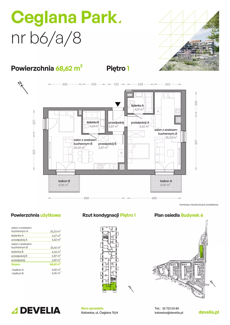 3 pokoje, mieszkanie 68,62 m², piętro 1, oferta nr B6/A/08, Ceglana Park IX, Katowice, Brynów-Osiedle Zgrzebnioka, Brynów, ul. Ceglana