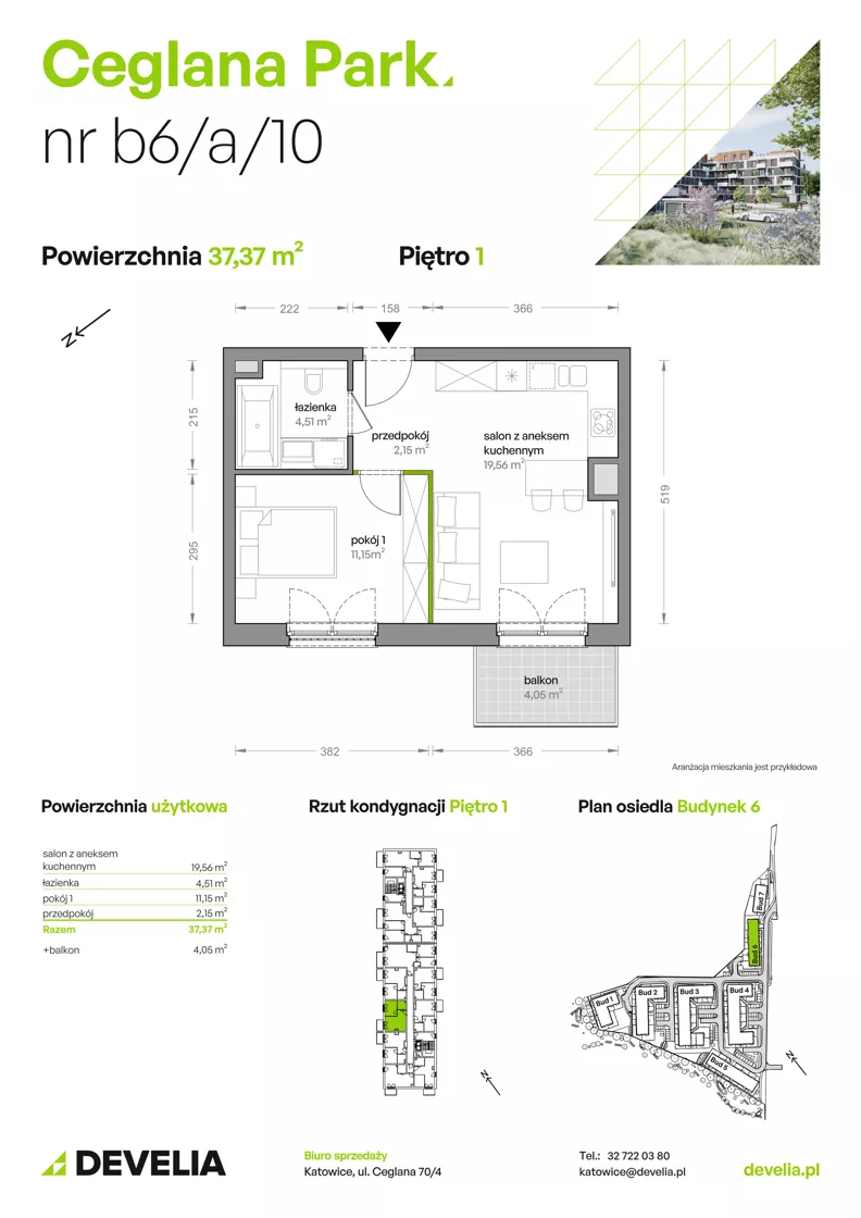 2 pokoje, mieszkanie 37,37 m², piętro 1, oferta nr B6/A/10, Ceglana Park IX, Katowice, Brynów-Osiedle Zgrzebnioka, Brynów, ul. Ceglana