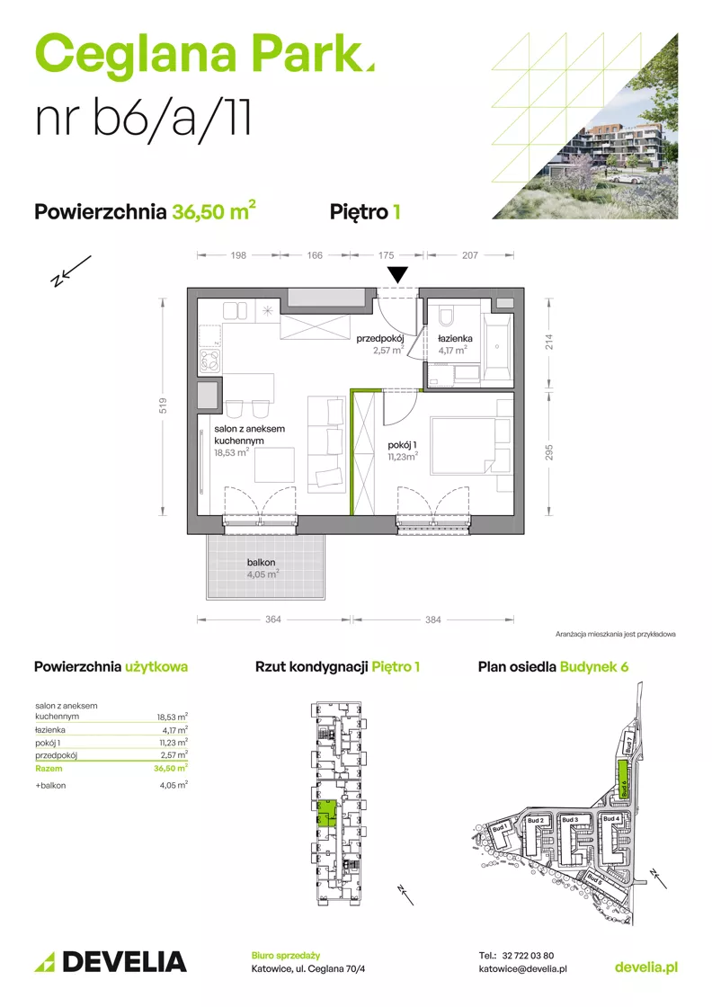 2 pokoje, mieszkanie 36,50 m², piętro 1, oferta nr B6/A/11, Ceglana Park IX, Katowice, Brynów-Osiedle Zgrzebnioka, Brynów, ul. Ceglana
