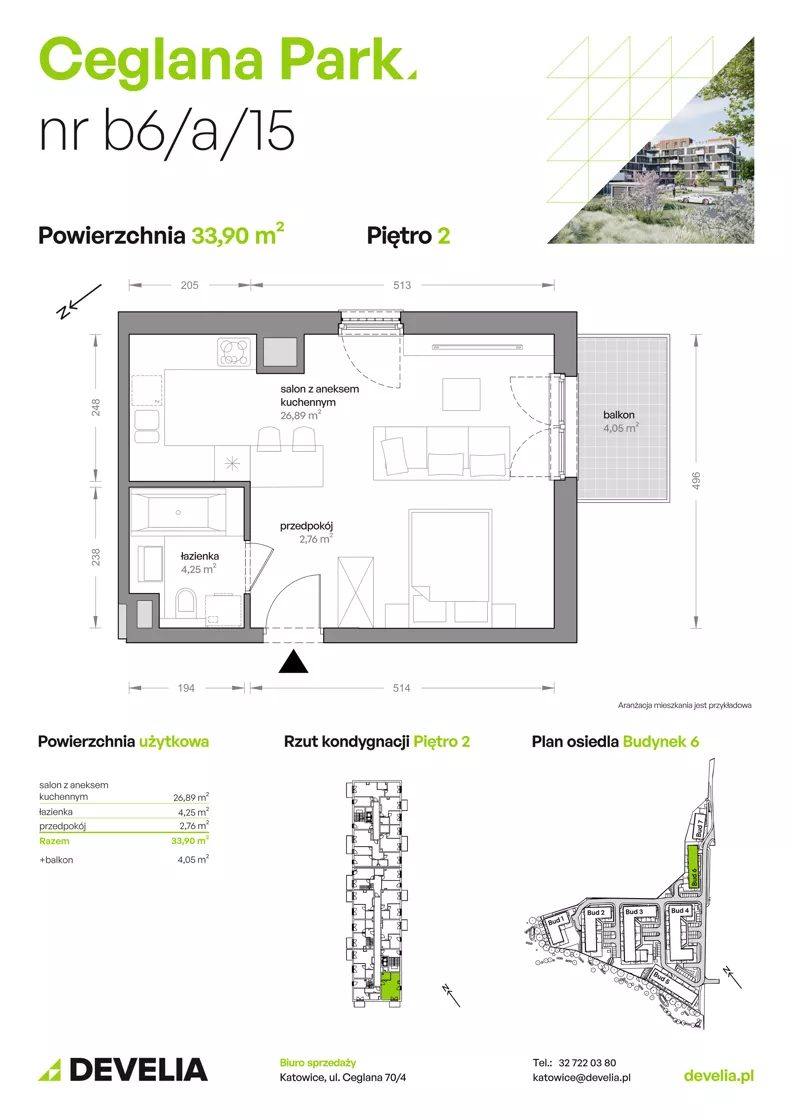 1 pokój, mieszkanie 33,90 m², piętro 2, oferta nr B6/A/15, Ceglana Park IX, Katowice, Brynów-Osiedle Zgrzebnioka, Brynów, ul. Ceglana