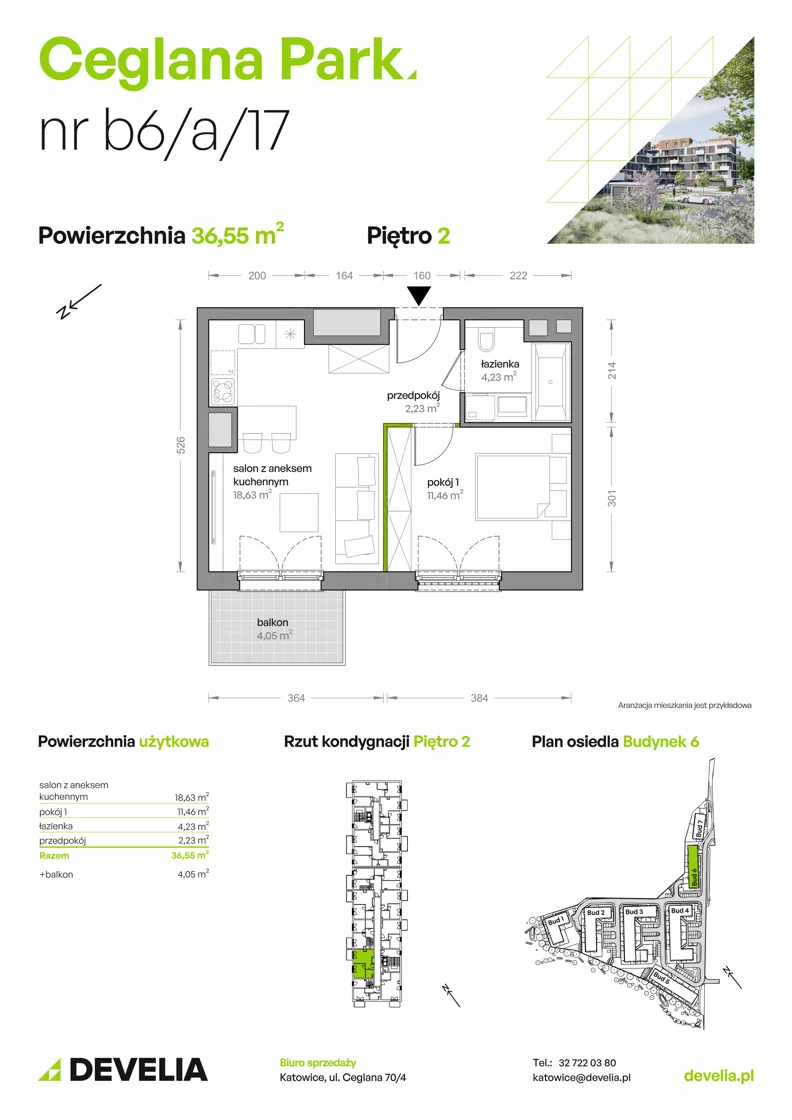 2 pokoje, mieszkanie 36,55 m², piętro 2, oferta nr B6/A/17, Ceglana Park IX, Katowice, Brynów-Osiedle Zgrzebnioka, Brynów, ul. Ceglana