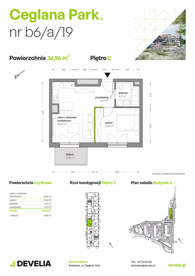 2 pokoje, mieszkanie 36,96 m², piętro 2, oferta nr B6/A/19, Ceglana Park IX, Katowice, Brynów-Osiedle Zgrzebnioka, Brynów, ul. Ceglana