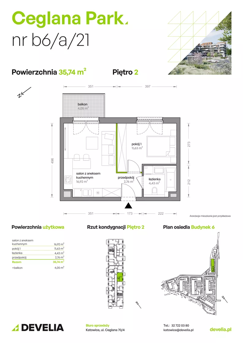 2 pokoje, mieszkanie 35,74 m², piętro 2, oferta nr B6/A/21, Ceglana Park IX, Katowice, Brynów-Osiedle Zgrzebnioka, Brynów, ul. Ceglana