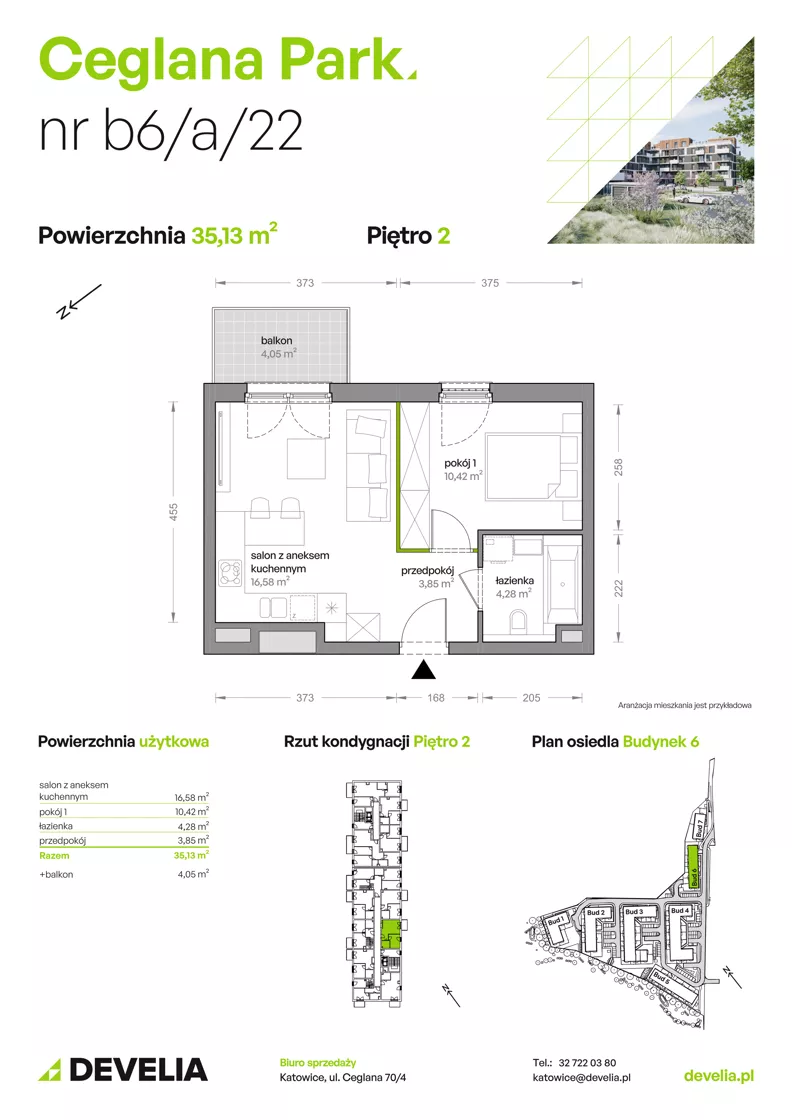2 pokoje, mieszkanie 35,13 m², piętro 2, oferta nr B6/A/22, Ceglana Park IX, Katowice, Brynów-Osiedle Zgrzebnioka, Brynów, ul. Ceglana