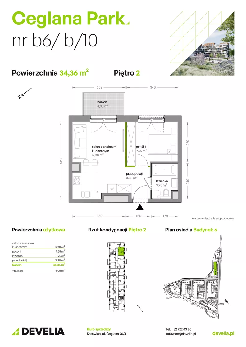 2 pokoje, mieszkanie 34,36 m², piętro 2, oferta nr B6/B/10, Ceglana Park IX, Katowice, Brynów-Osiedle Zgrzebnioka, Brynów, ul. Ceglana