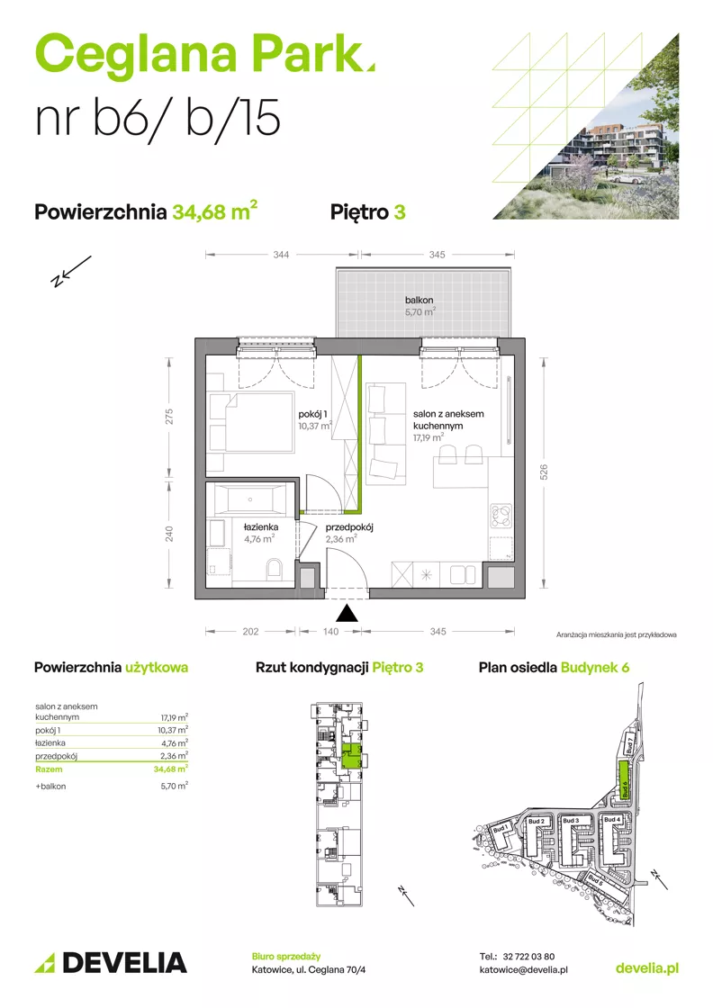 2 pokoje, mieszkanie 34,68 m², piętro 3, oferta nr B6/B/15, Ceglana Park IX, Katowice, Brynów-Osiedle Zgrzebnioka, Brynów, ul. Ceglana