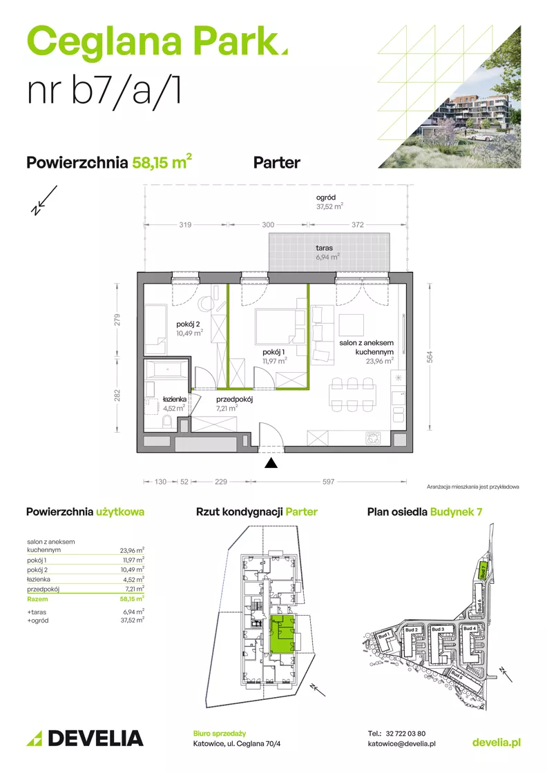 3 pokoje, mieszkanie 58,15 m², parter, oferta nr B7/A/01, Ceglana Park IX, Katowice, Brynów-Osiedle Zgrzebnioka, Brynów, ul. Ceglana