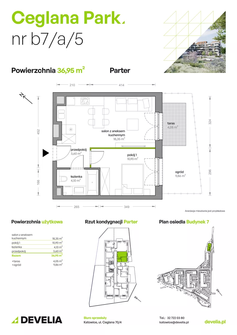 2 pokoje, mieszkanie 36,95 m², parter, oferta nr B7/A/05, Ceglana Park IX, Katowice, Brynów-Osiedle Zgrzebnioka, Brynów, ul. Ceglana