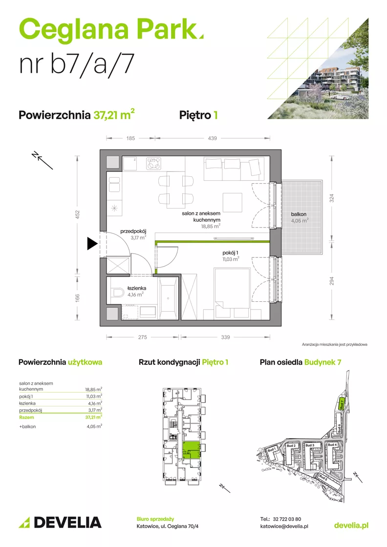 2 pokoje, mieszkanie 37,21 m², piętro 1, oferta nr B7/A/07, Ceglana Park IX, Katowice, Brynów-Osiedle Zgrzebnioka, Brynów, ul. Ceglana
