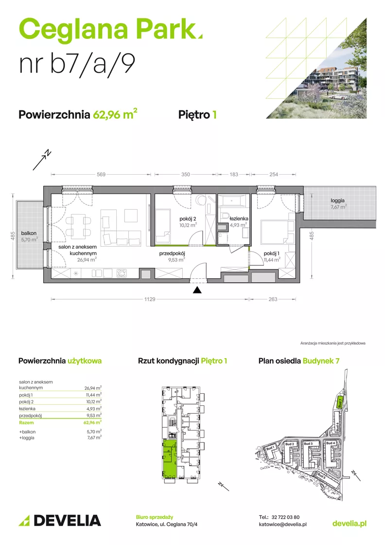 3 pokoje, mieszkanie 62,96 m², piętro 1, oferta nr B7/A/09, Ceglana Park IX, Katowice, Brynów-Osiedle Zgrzebnioka, Brynów, ul. Ceglana