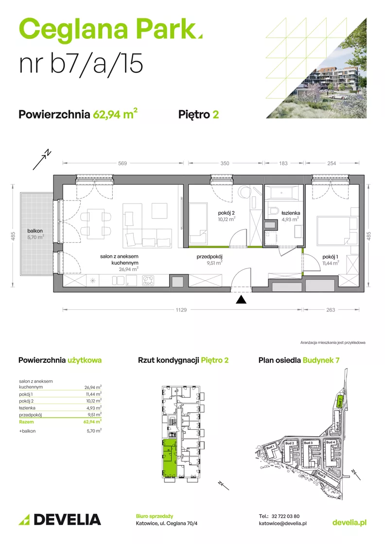 3 pokoje, mieszkanie 62,94 m², piętro 2, oferta nr B7/A/15, Ceglana Park IX, Katowice, Brynów-Osiedle Zgrzebnioka, Brynów, ul. Ceglana