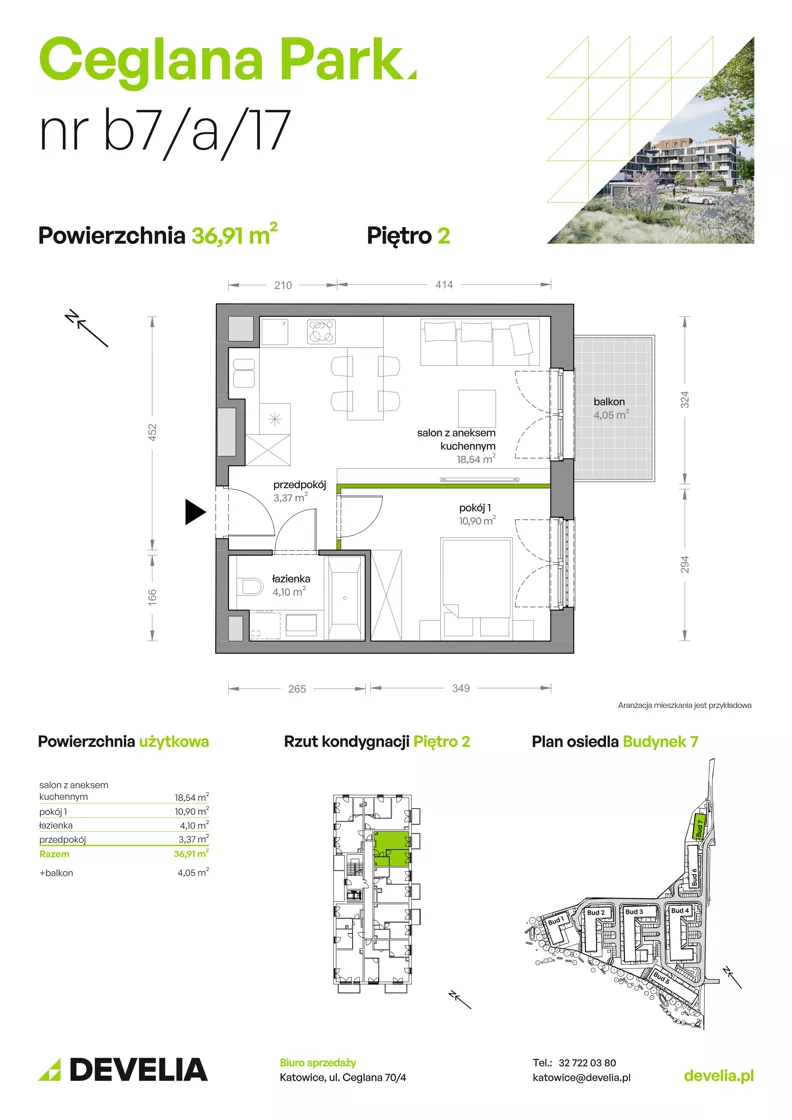 2 pokoje, mieszkanie 36,91 m², piętro 2, oferta nr B7/A/17, Ceglana Park IX, Katowice, Brynów-Osiedle Zgrzebnioka, Brynów, ul. Ceglana