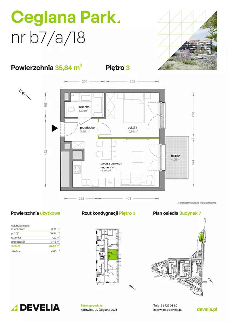 2 pokoje, mieszkanie 35,84 m², piętro 3, oferta nr B7/A/18, Ceglana Park IX, Katowice, Brynów-Osiedle Zgrzebnioka, Brynów, ul. Ceglana