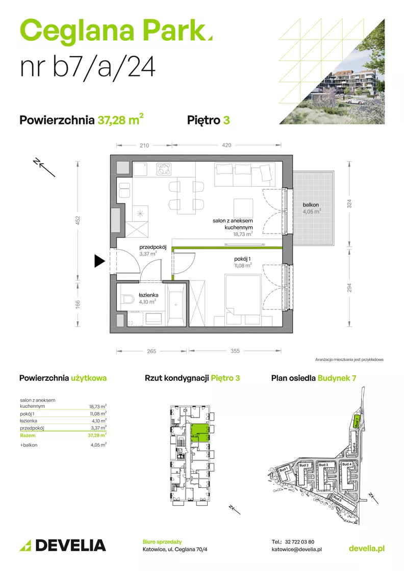 2 pokoje, mieszkanie 37,28 m², piętro 3, oferta nr B7/A/24, Ceglana Park IX, Katowice, Brynów-Osiedle Zgrzebnioka, Brynów, ul. Ceglana