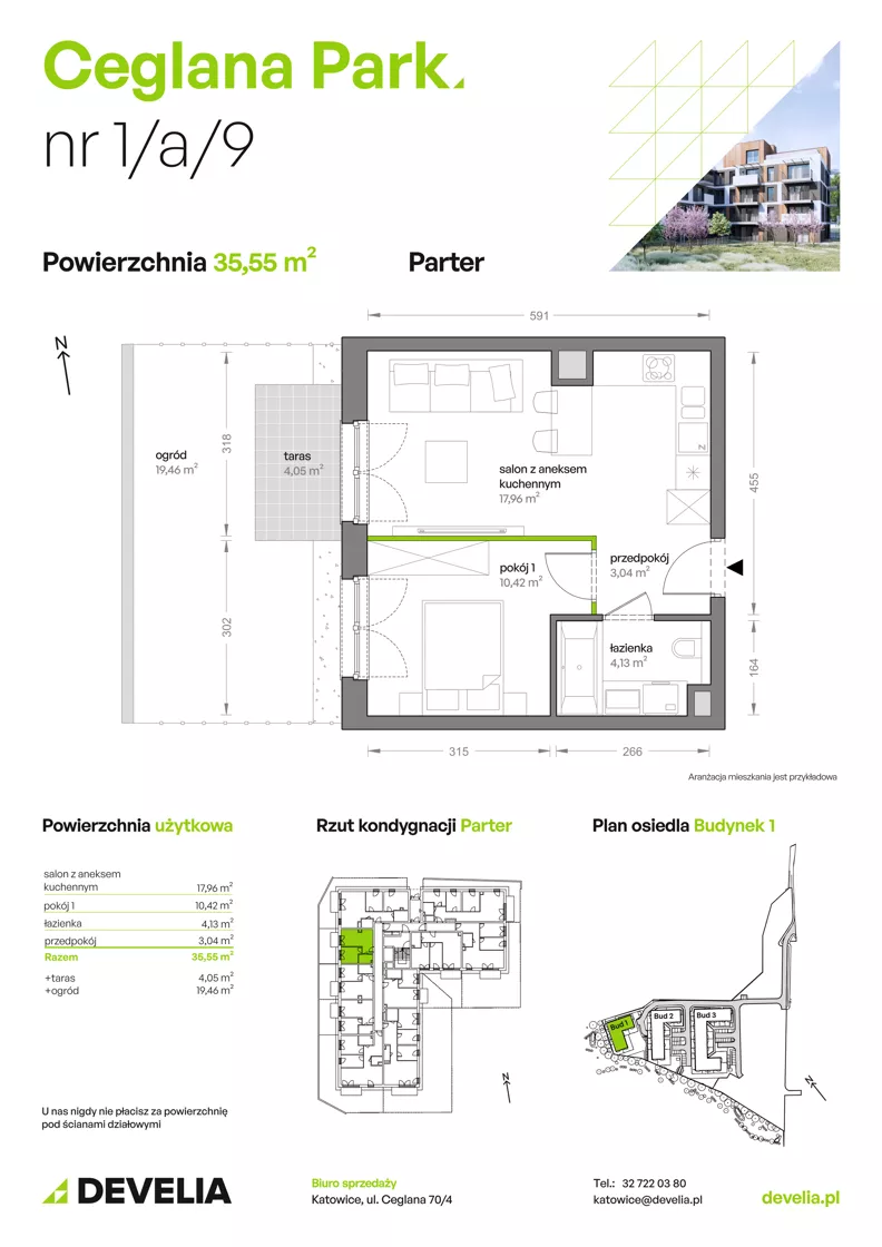 2 pokoje, mieszkanie 35,63 m², parter, oferta nr B1/A/09, Ceglana Park VII, Katowice, Brynów-Osiedle Zgrzebnioka, Brynów, ul. Ceglana