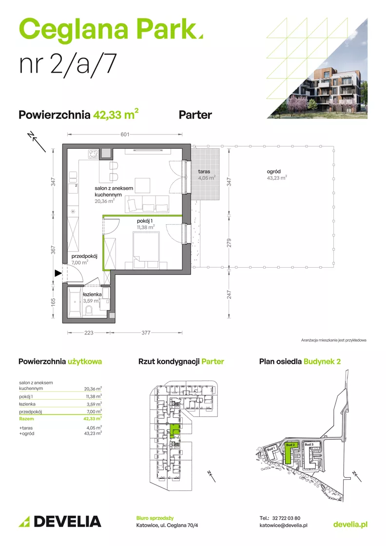 2 pokoje, mieszkanie 42,30 m², parter, oferta nr B2/A/07, Ceglana Park VII, Katowice, Brynów-Osiedle Zgrzebnioka, Brynów, ul. Ceglana