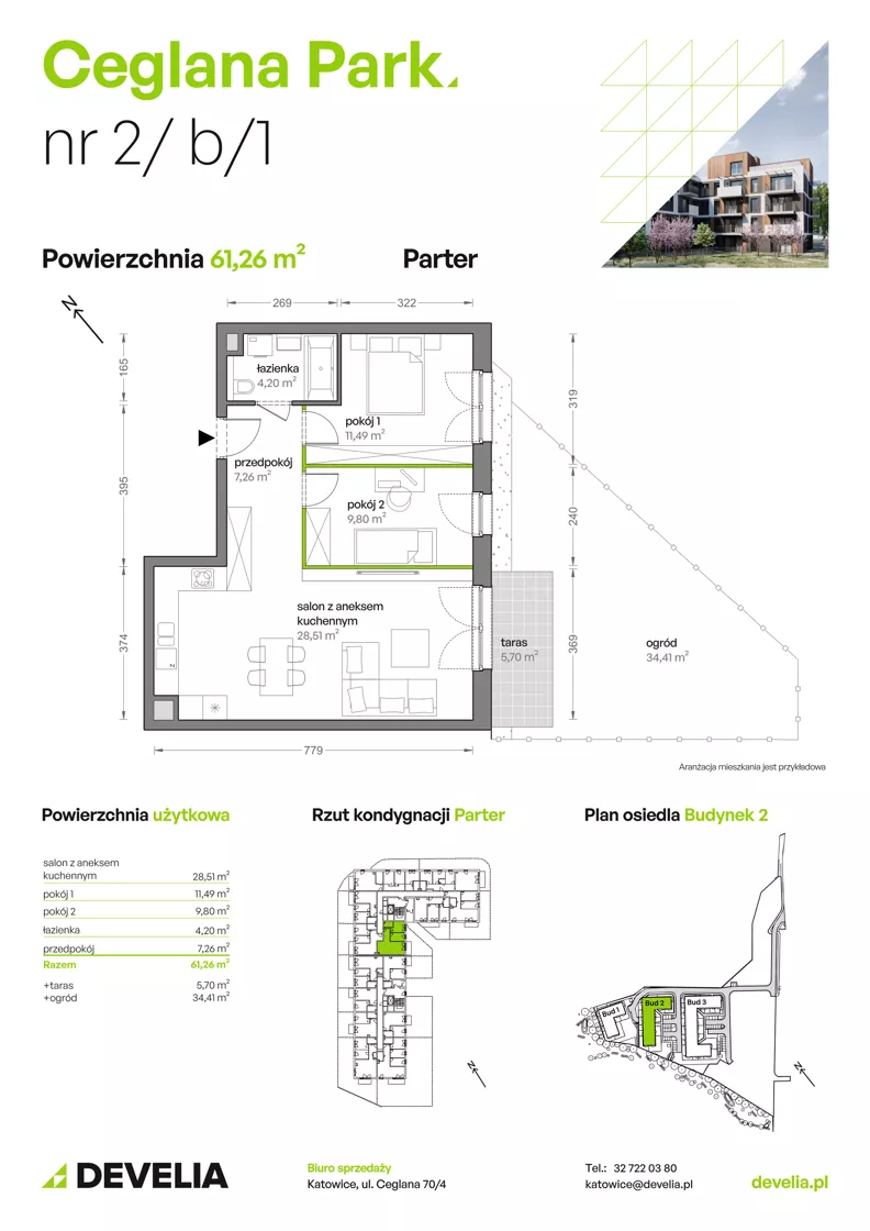 3 pokoje, mieszkanie 61,47 m², parter, oferta nr B2/B/01, Ceglana Park VII, Katowice, Brynów-Osiedle Zgrzebnioka, Brynów, ul. Ceglana
