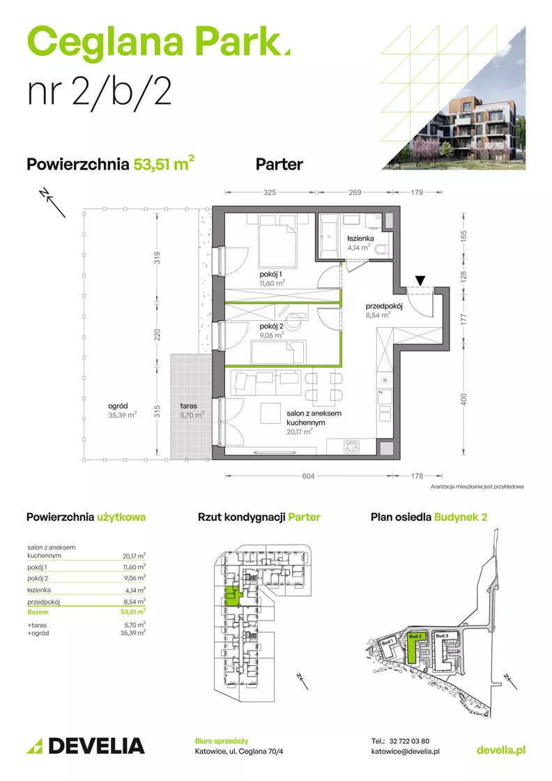 3 pokoje, mieszkanie 53,61 m², parter, oferta nr B2/B/02, Ceglana Park VII, Katowice, Brynów-Osiedle Zgrzebnioka, Brynów, ul. Ceglana