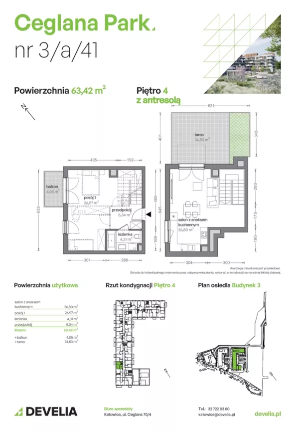 3 pokoje, mieszkanie 63,84 m², piętro 4, oferta nr B3/A/41, Ceglana Park VII, Katowice, Brynów-Osiedle Zgrzebnioka, Brynów, ul. Ceglana